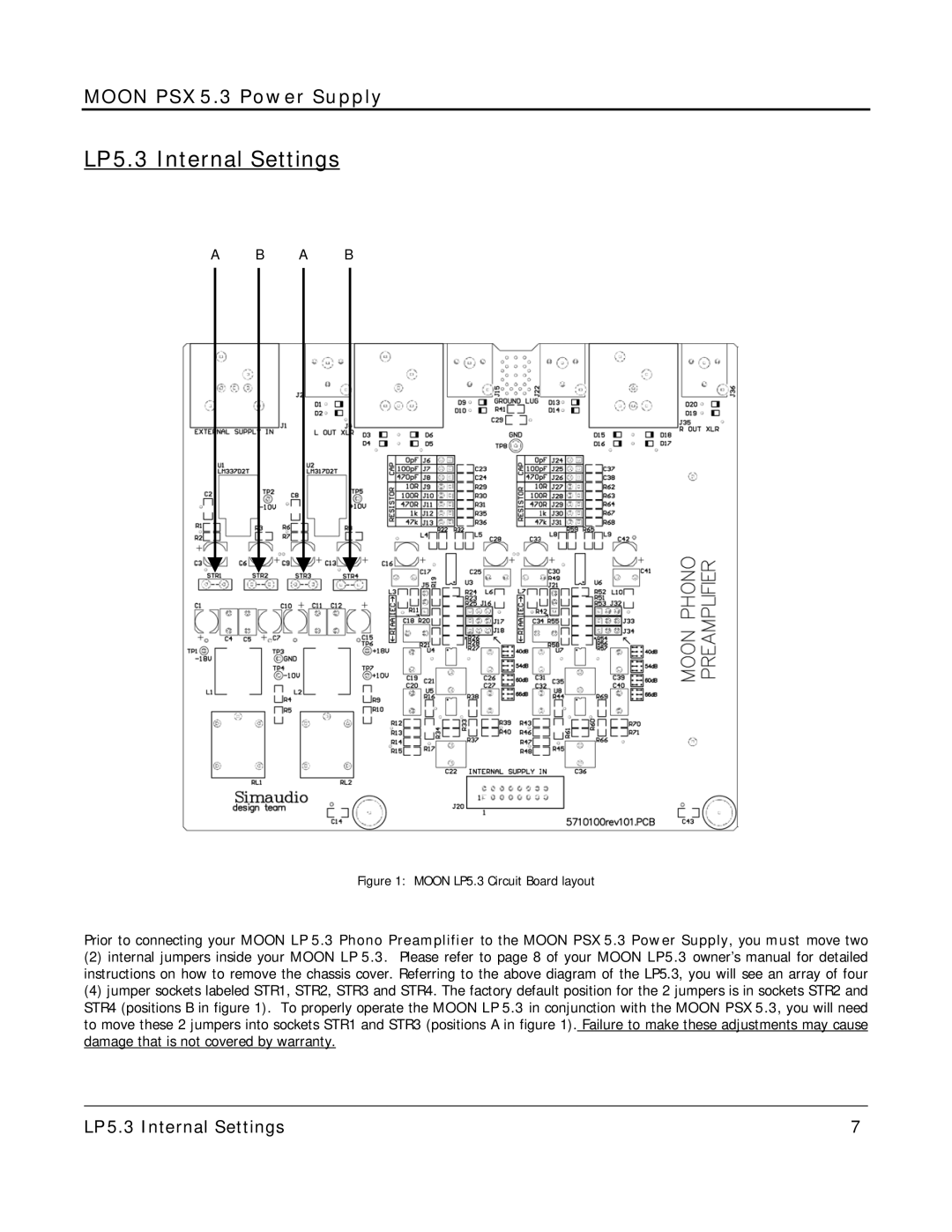 Simaudio PSX5.3 owner manual LP 5.3 Internal Settings, A B 