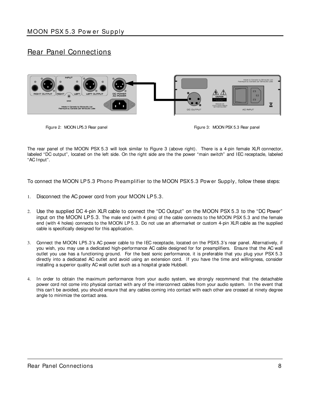 Simaudio PSX5.3 owner manual Rear Panel Connections, Disconnect the AC power cord from your Moon LP 