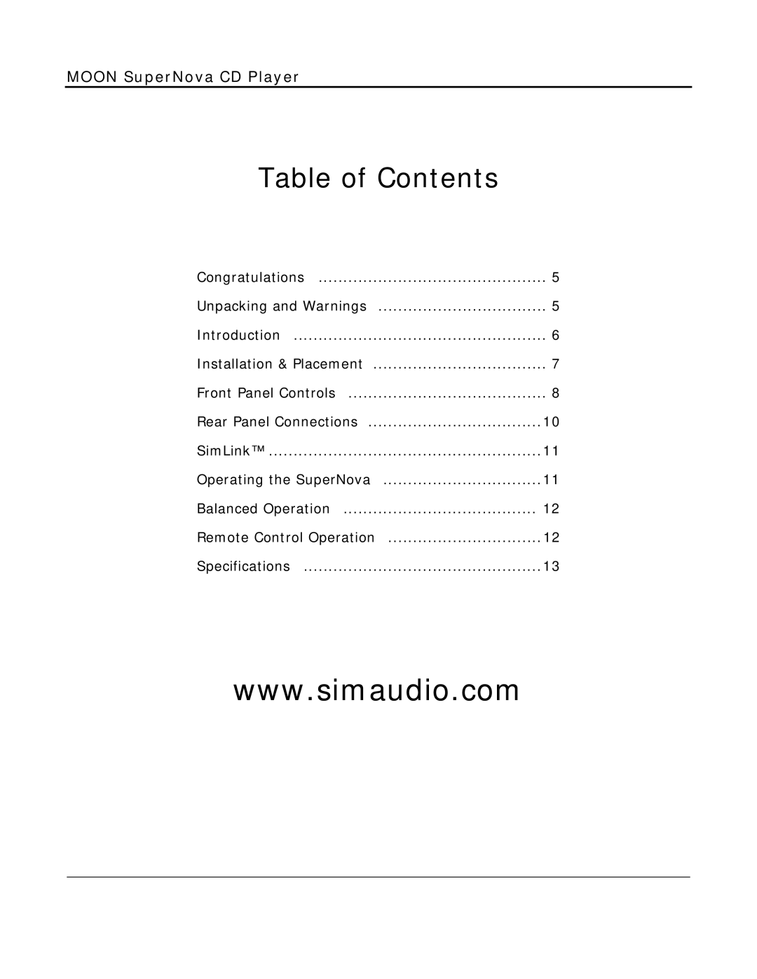 Simaudio SuperNova CD Player owner manual Table of Contents 