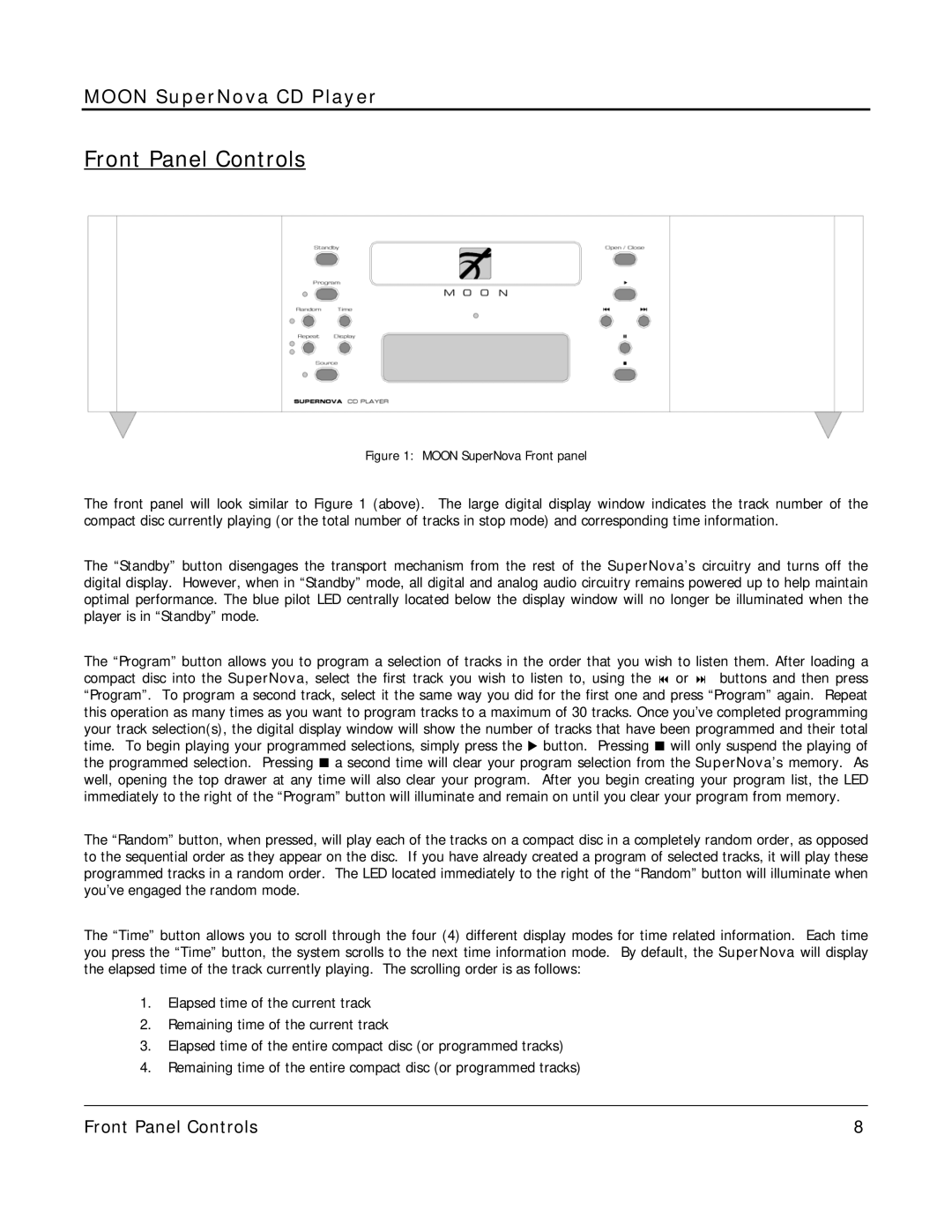 Simaudio SuperNova CD Player owner manual Front Panel Controls, Moon SuperNova Front panel 