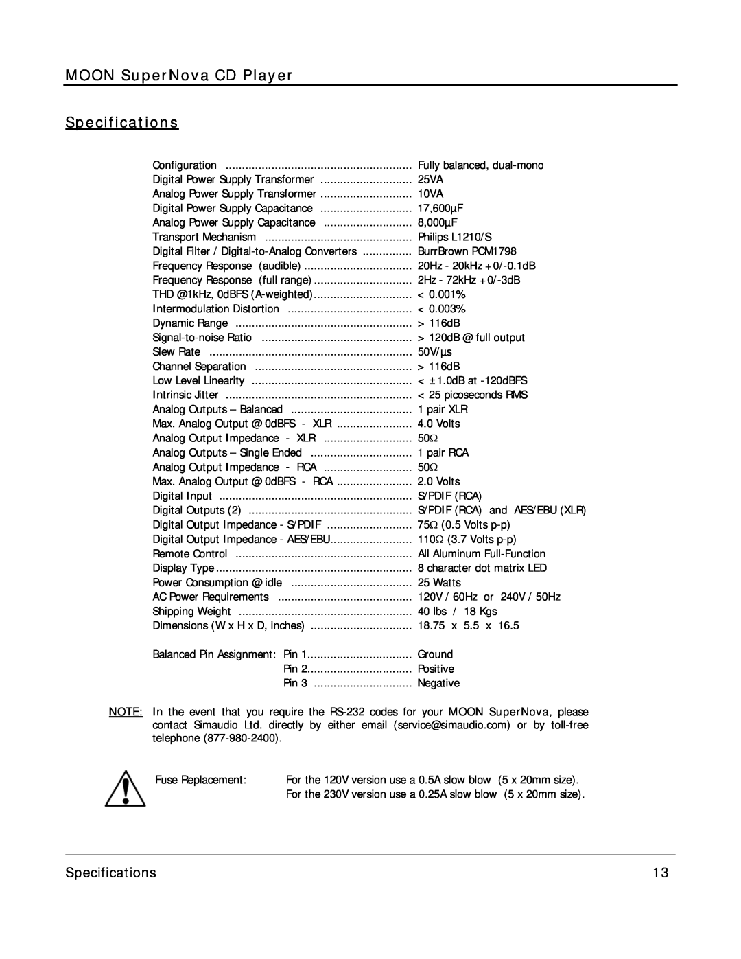 Simaudio owner manual Specifications, MOON SuperNova CD Player 