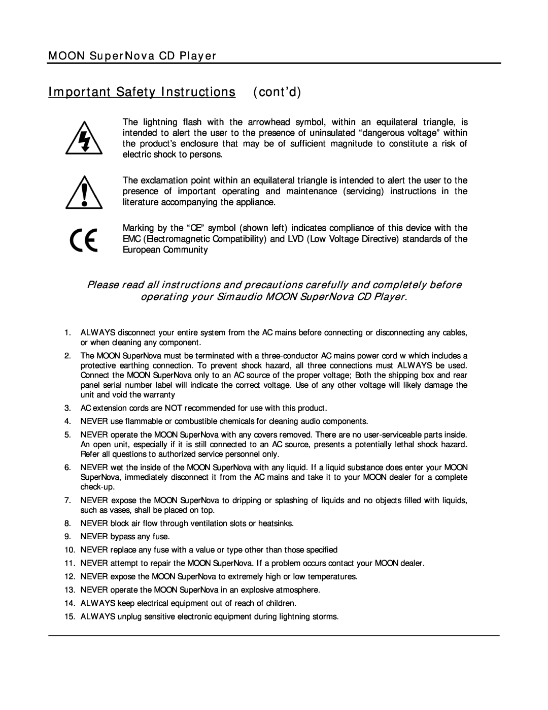 Simaudio owner manual Important Safety Instructionscont’d, MOON SuperNova CD Player 