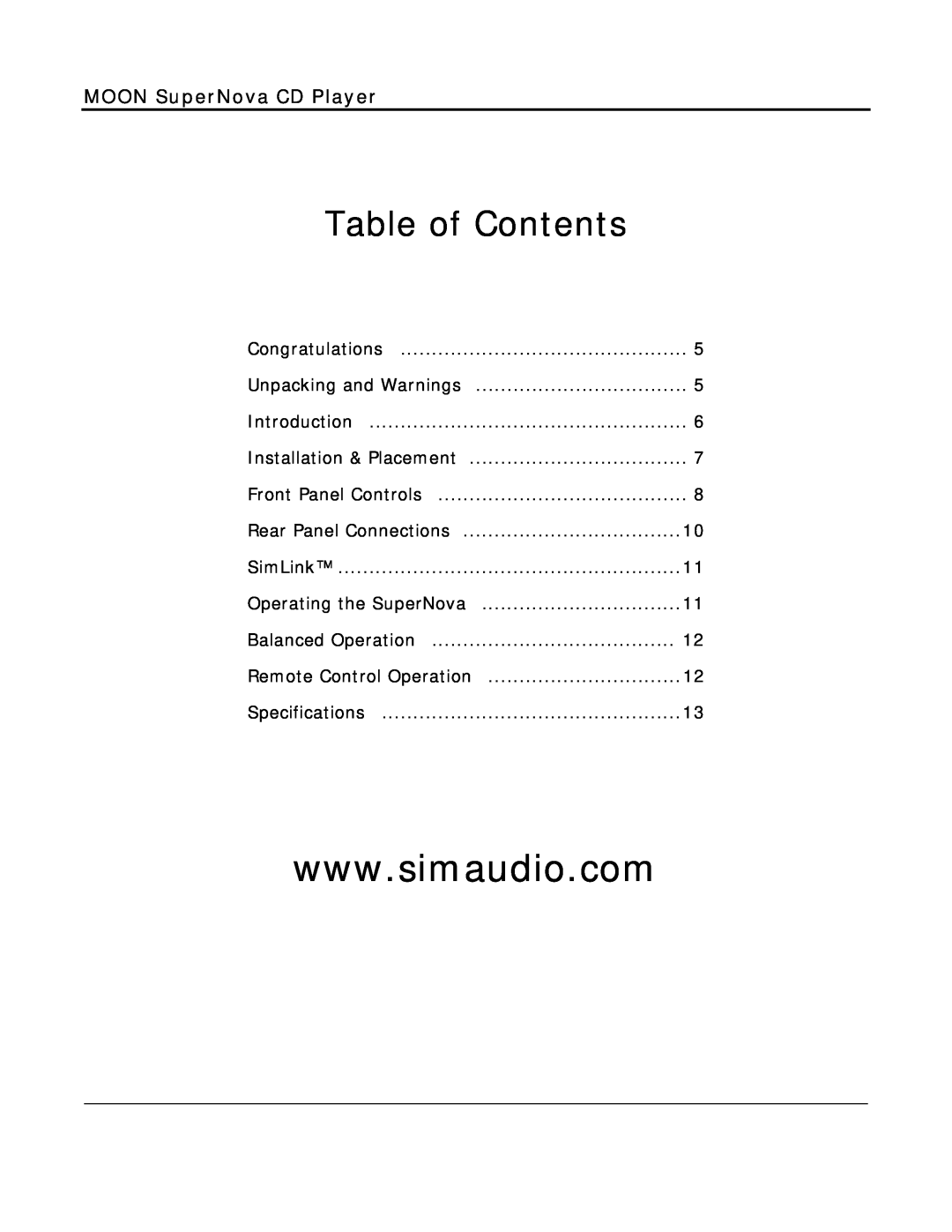 Simaudio owner manual Table of Contents, MOON SuperNova CD Player 