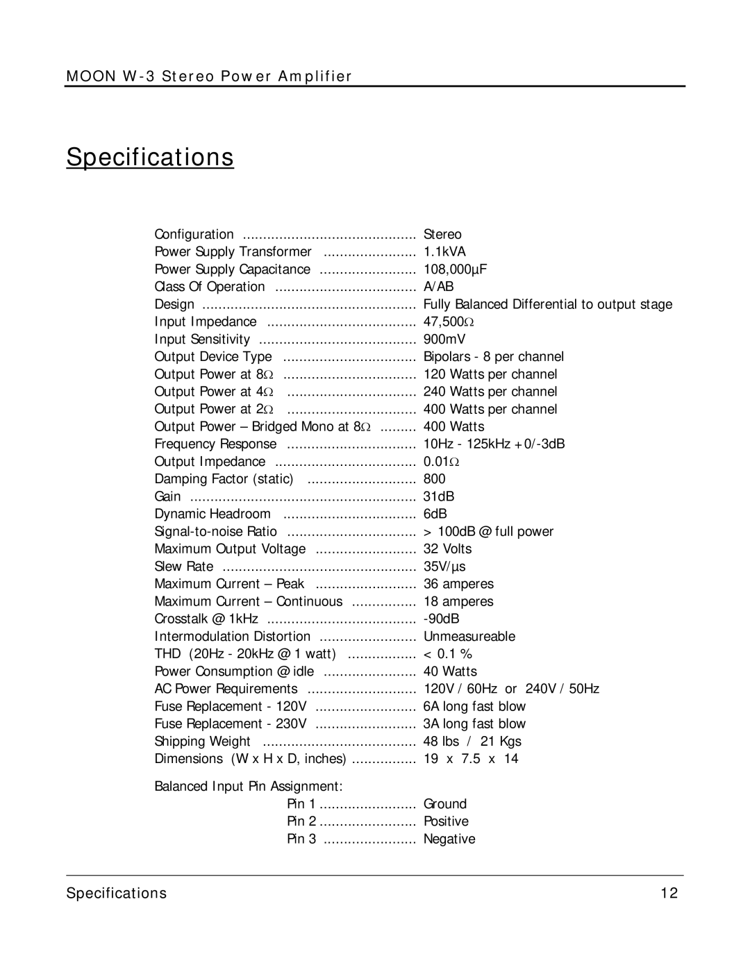 Simaudio W-3 owner manual Specifications 