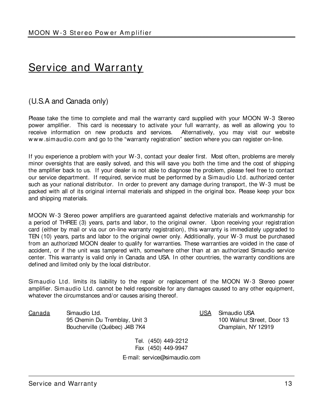 Simaudio W-3 owner manual Service and Warranty, A and Canada only 