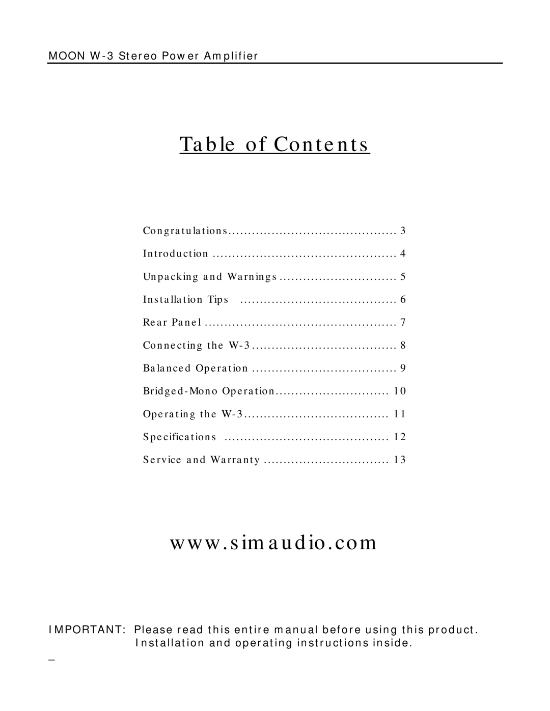 Simaudio W-3 owner manual Table of Contents 