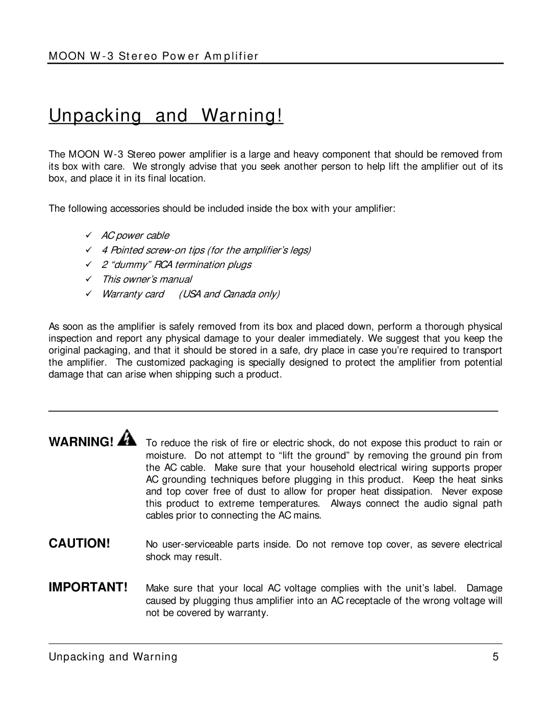 Simaudio W-3 owner manual Unpacking and Warning 