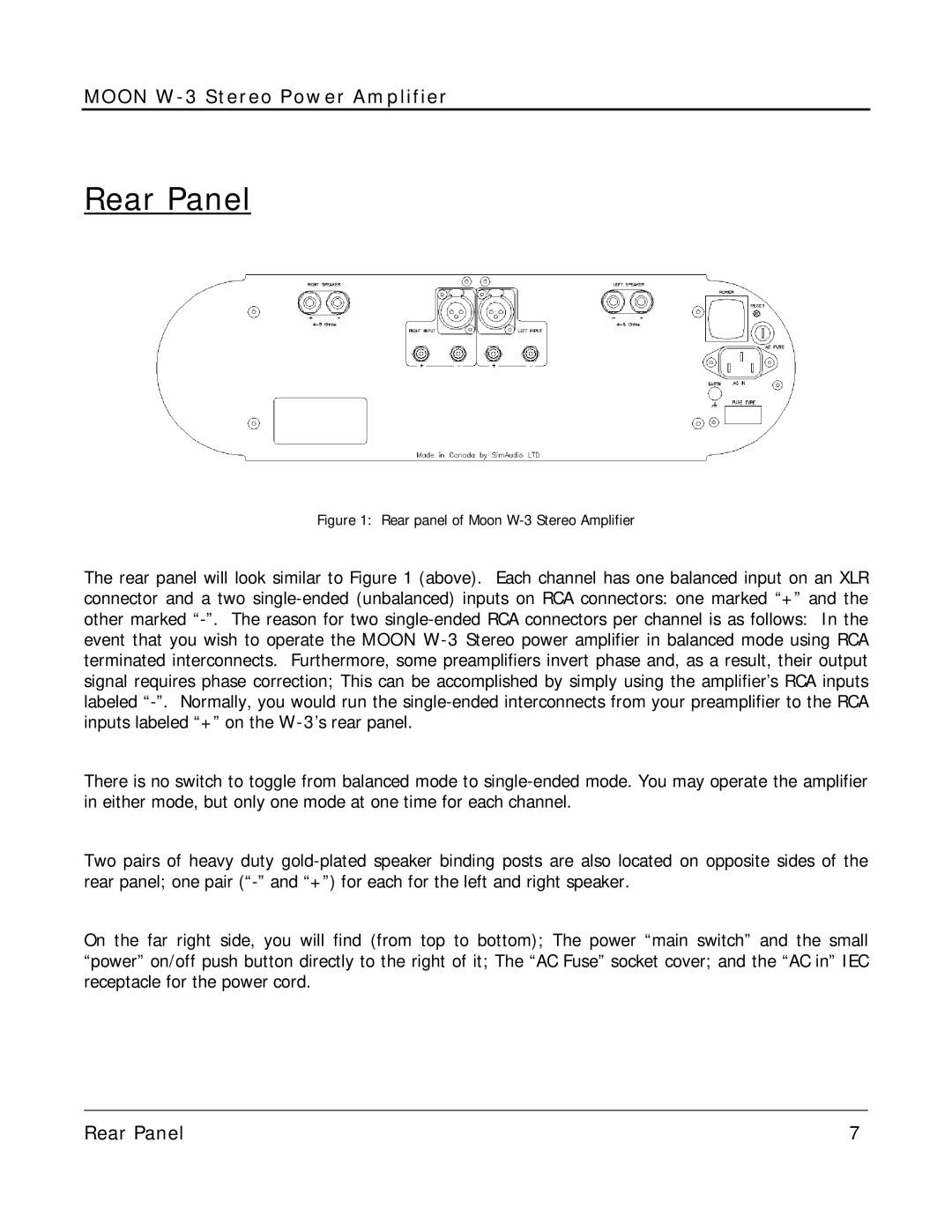 Simaudio owner manual Rear Panel, Rear panel of Moon W-3 Stereo Amplifier 