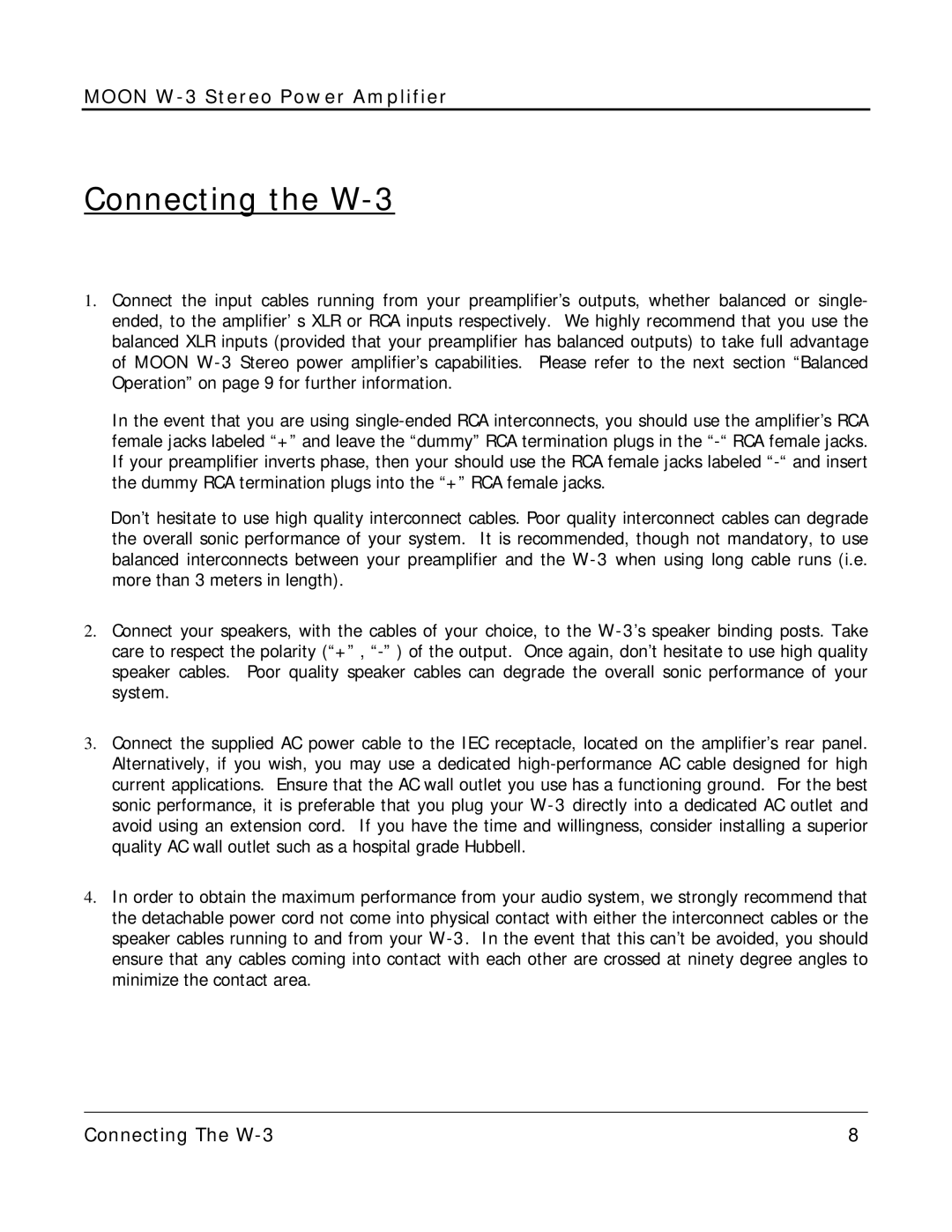 Simaudio owner manual Connecting the W-3 