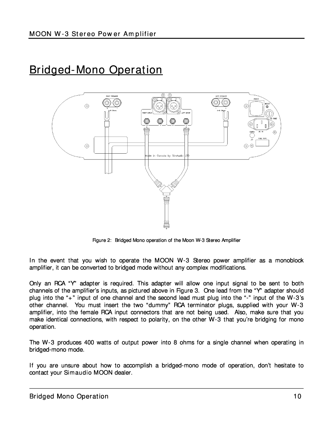 Simaudio owner manual Bridged-MonoOperation, Bridged Mono Operation, MOON W-3Stereo Power Amplifier 