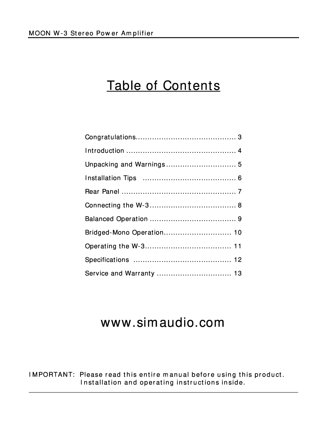 Simaudio owner manual Table of Contents, MOON W-3Stereo Power Amplifier 