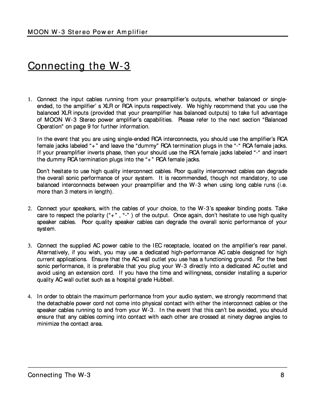 Simaudio owner manual Connecting the W-3, Connecting The W-3, MOON W-3Stereo Power Amplifier 