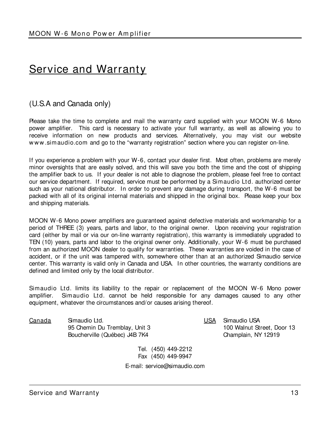 Simaudio W-6 owner manual Service and Warranty, A and Canada only 