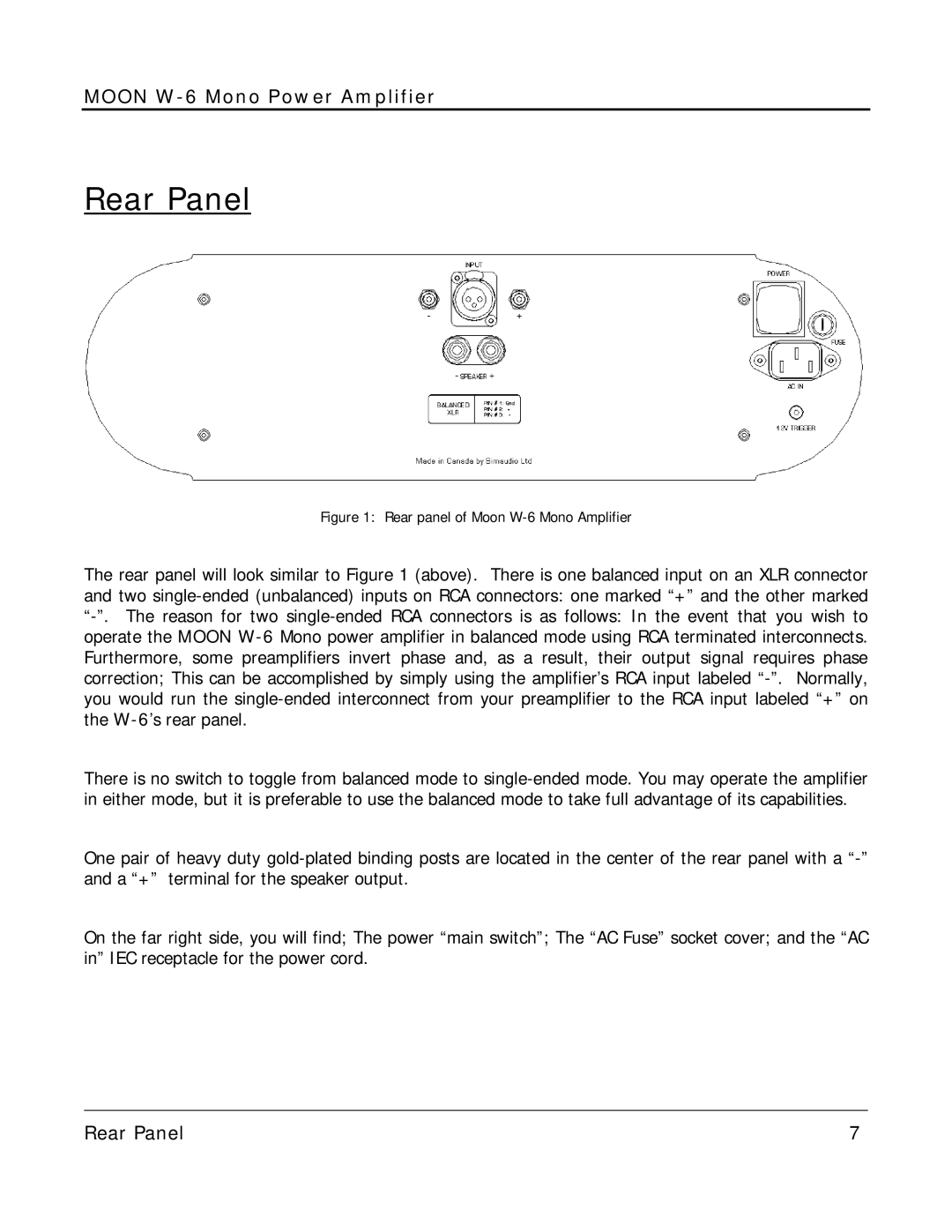 Simaudio owner manual Rear Panel, Rear panel of Moon W-6 Mono Amplifier 