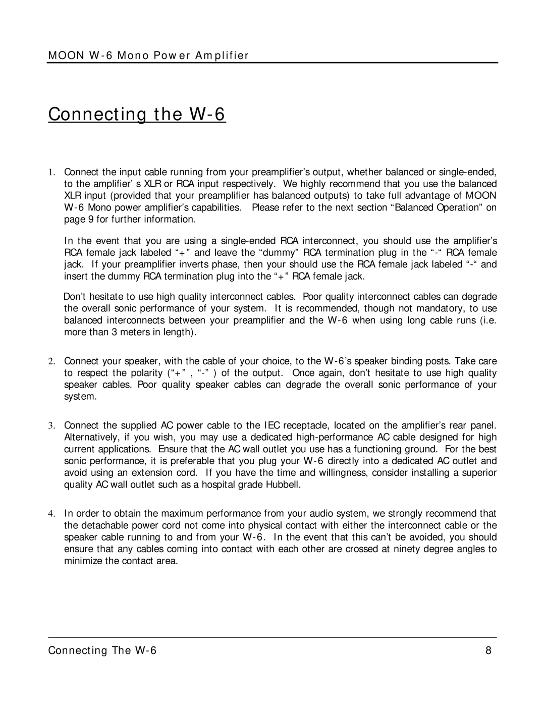 Simaudio owner manual Connecting the W-6 