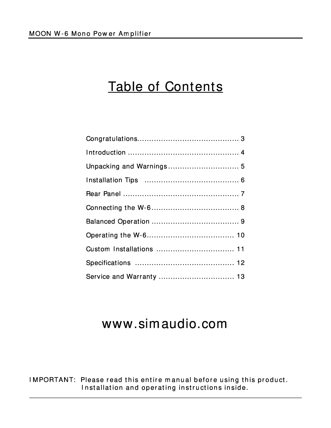 Simaudio owner manual Table of Contents, MOON W-6Mono Power Amplifier 