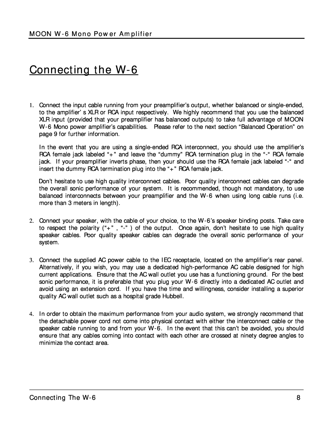 Simaudio owner manual Connecting the W-6, Connecting The W-6, MOON W-6Mono Power Amplifier 