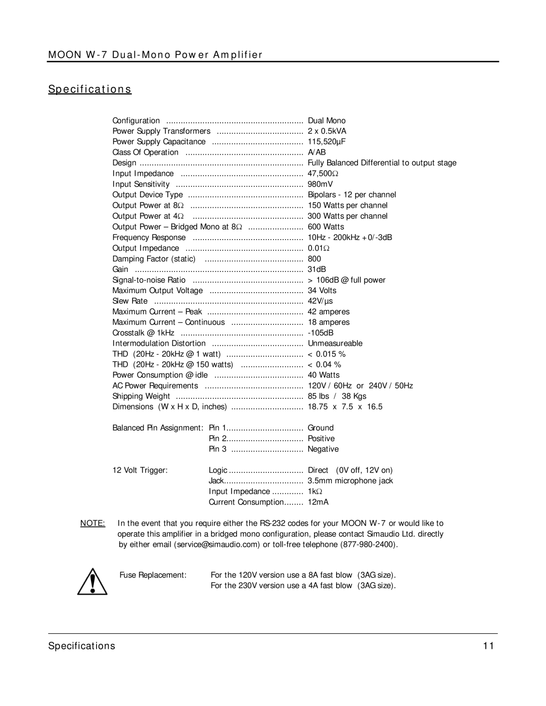 Simaudio W-7 owner manual Specifications 