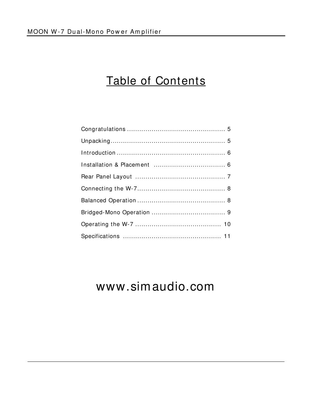 Simaudio W-7 owner manual Table of Contents 