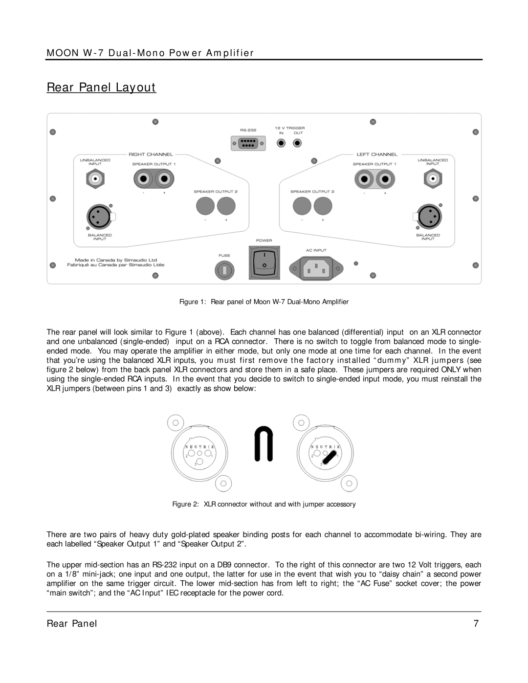 Simaudio owner manual Rear Panel Layout, Rear panel of Moon W-7 Dual-Mono Amplifier 