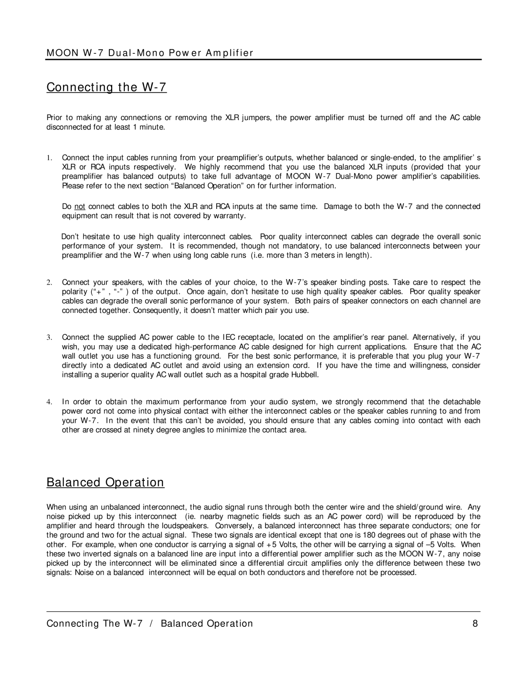 Simaudio owner manual Connecting the W-7, Balanced Operation 