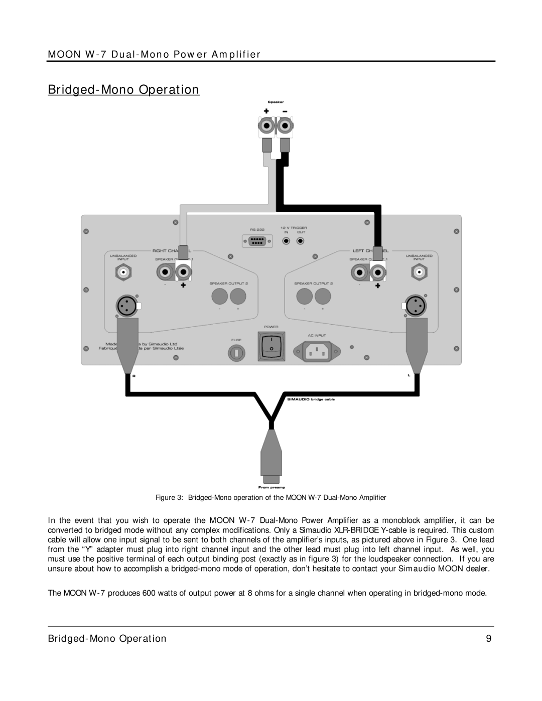 Simaudio W-7 owner manual Bridged-Mono Operation 