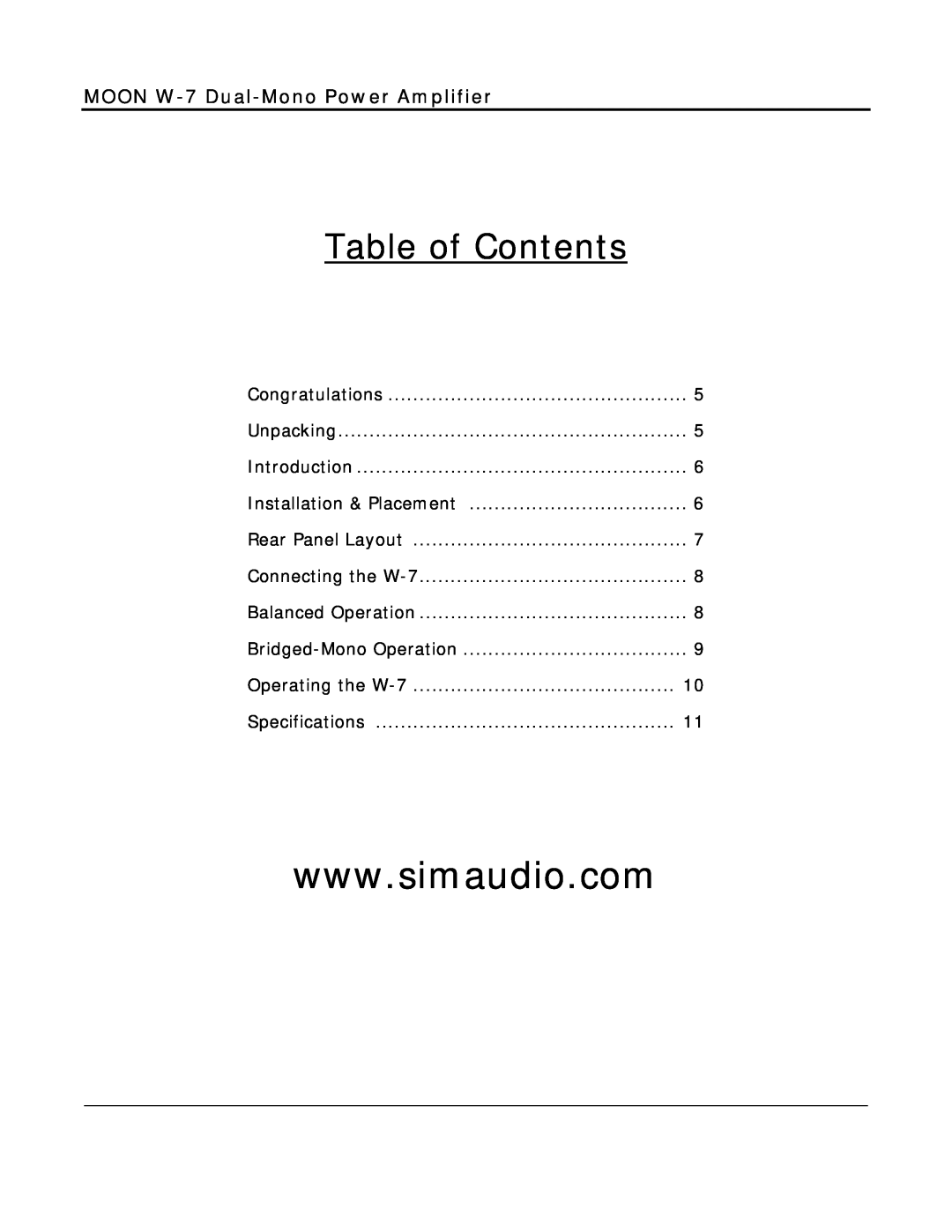 Simaudio owner manual Table of Contents, MOON W-7 Dual-MonoPower Amplifier 