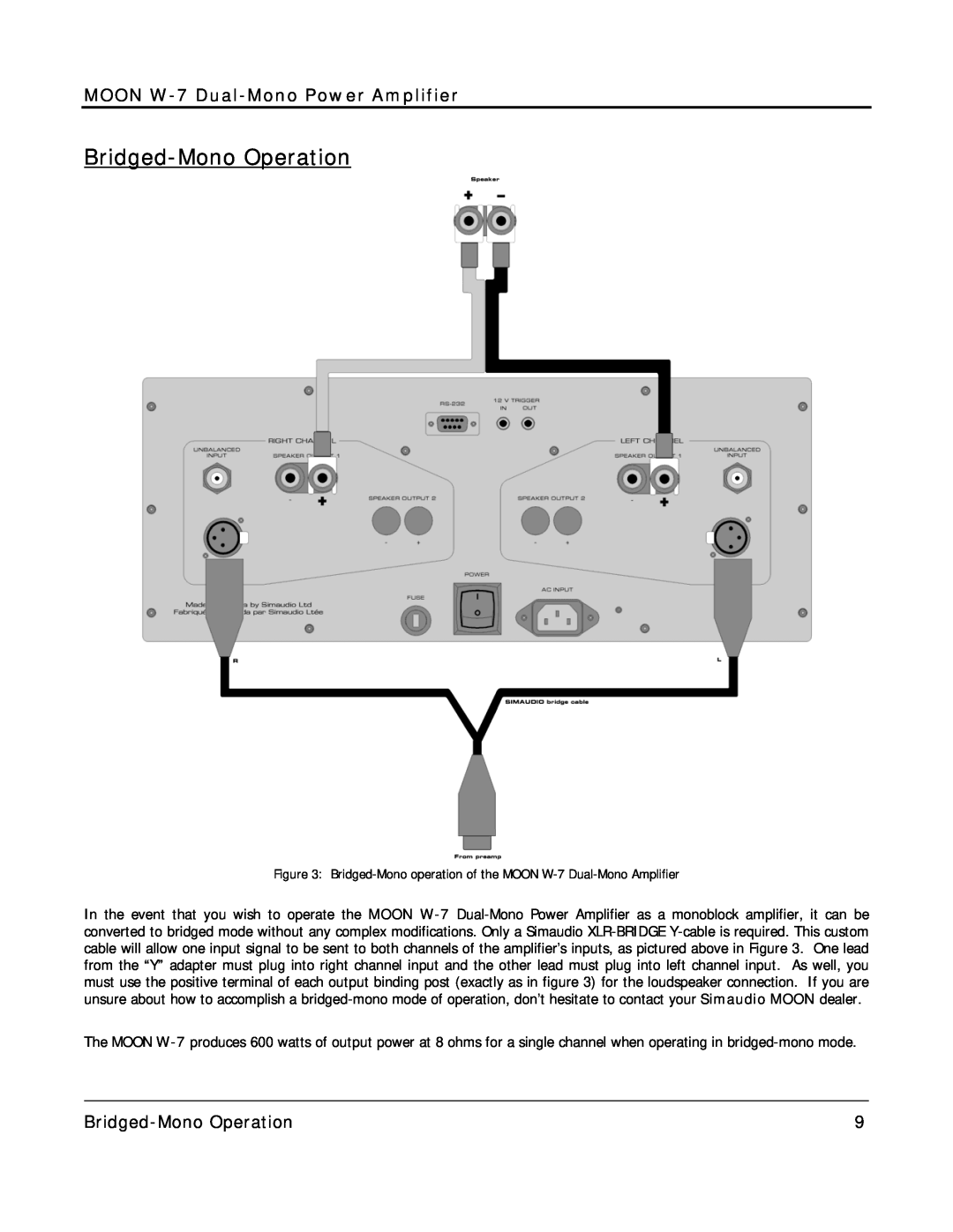 Simaudio owner manual Bridged-MonoOperation, MOON W-7 Dual-MonoPower Amplifier 