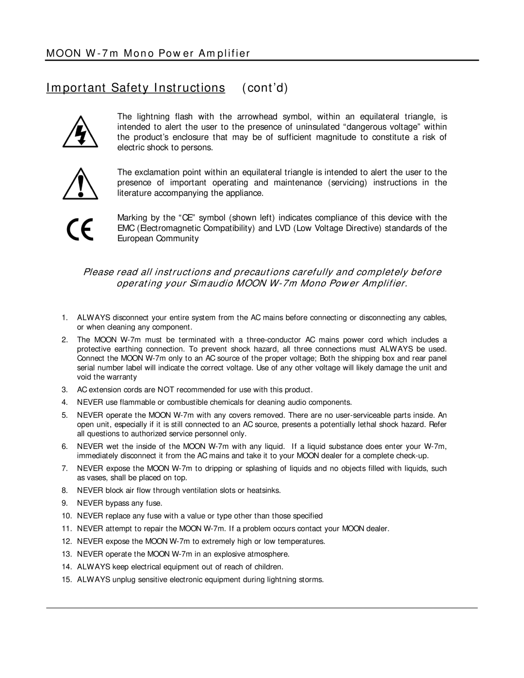 Simaudio W-7m owner manual Important Safety Instructions cont’d 