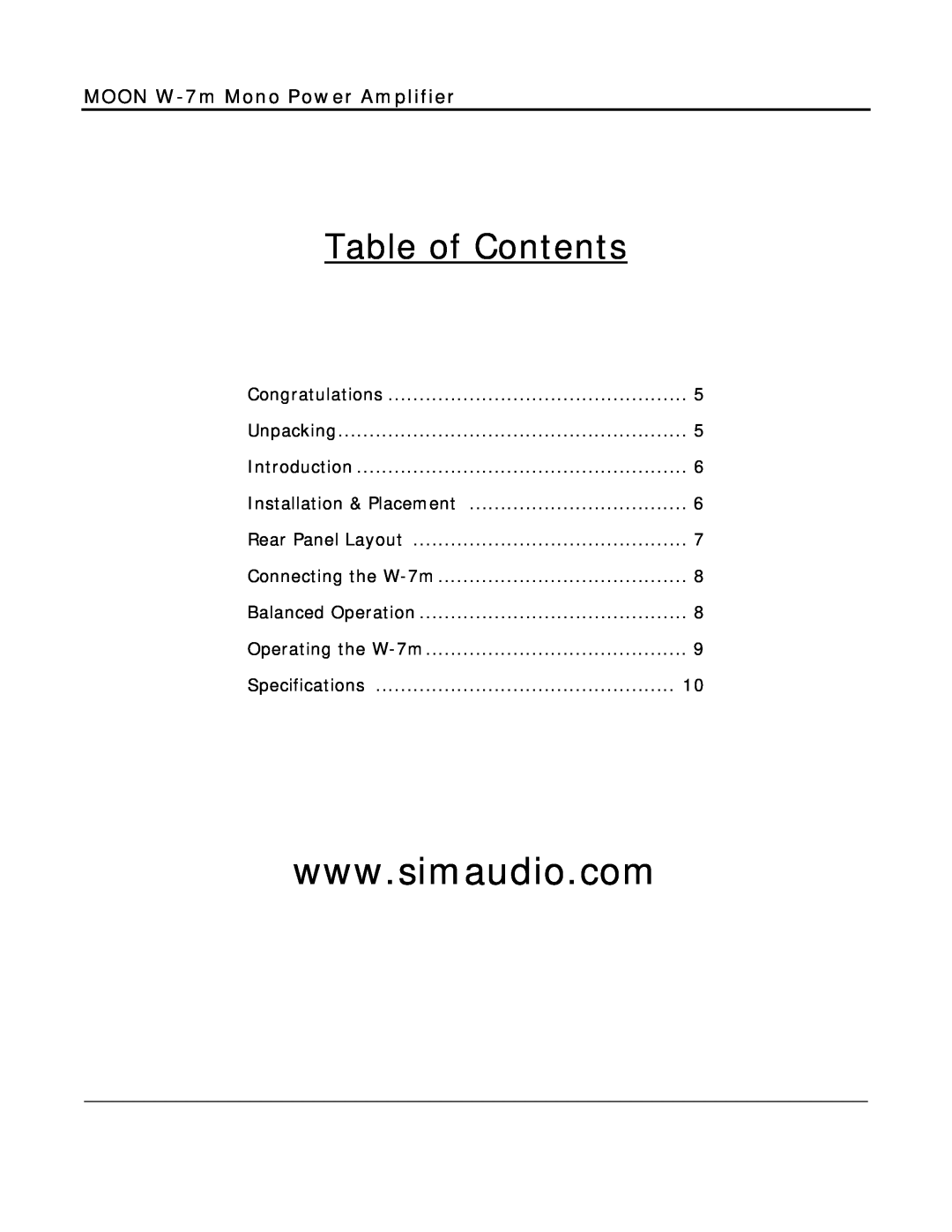 Simaudio owner manual Table of Contents, MOON W-7mMono Power Amplifier 
