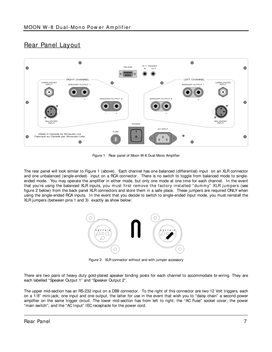 Simaudio owner manual Rear Panel Layout, Rear panel of Moon W-8 Dual-Mono Amplifier 