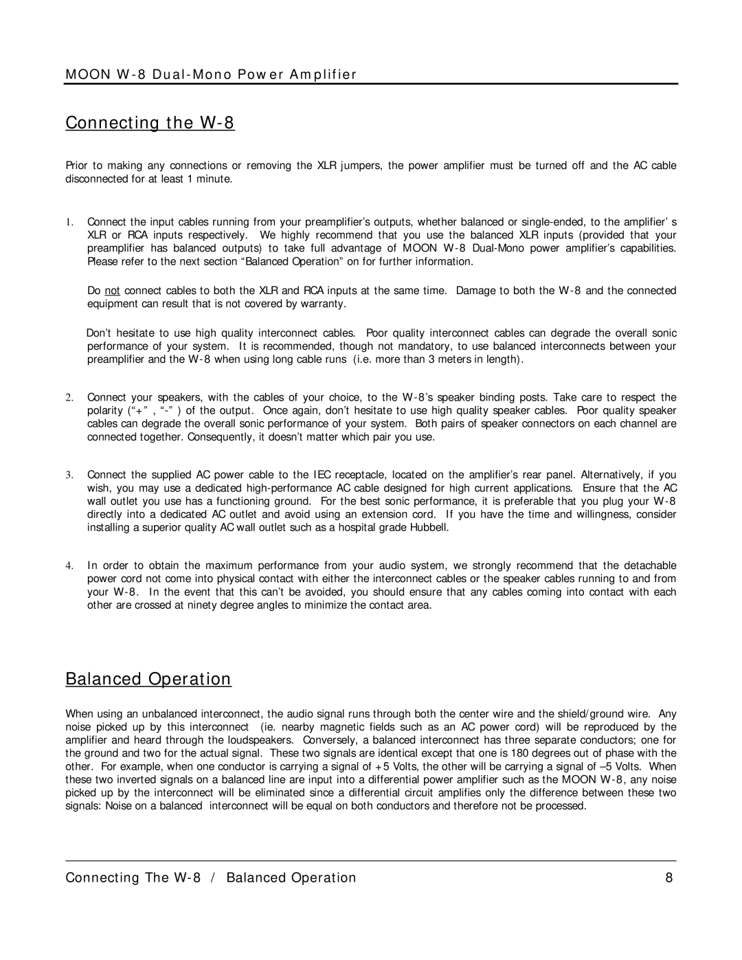 Simaudio owner manual Connecting the W-8, Balanced Operation 