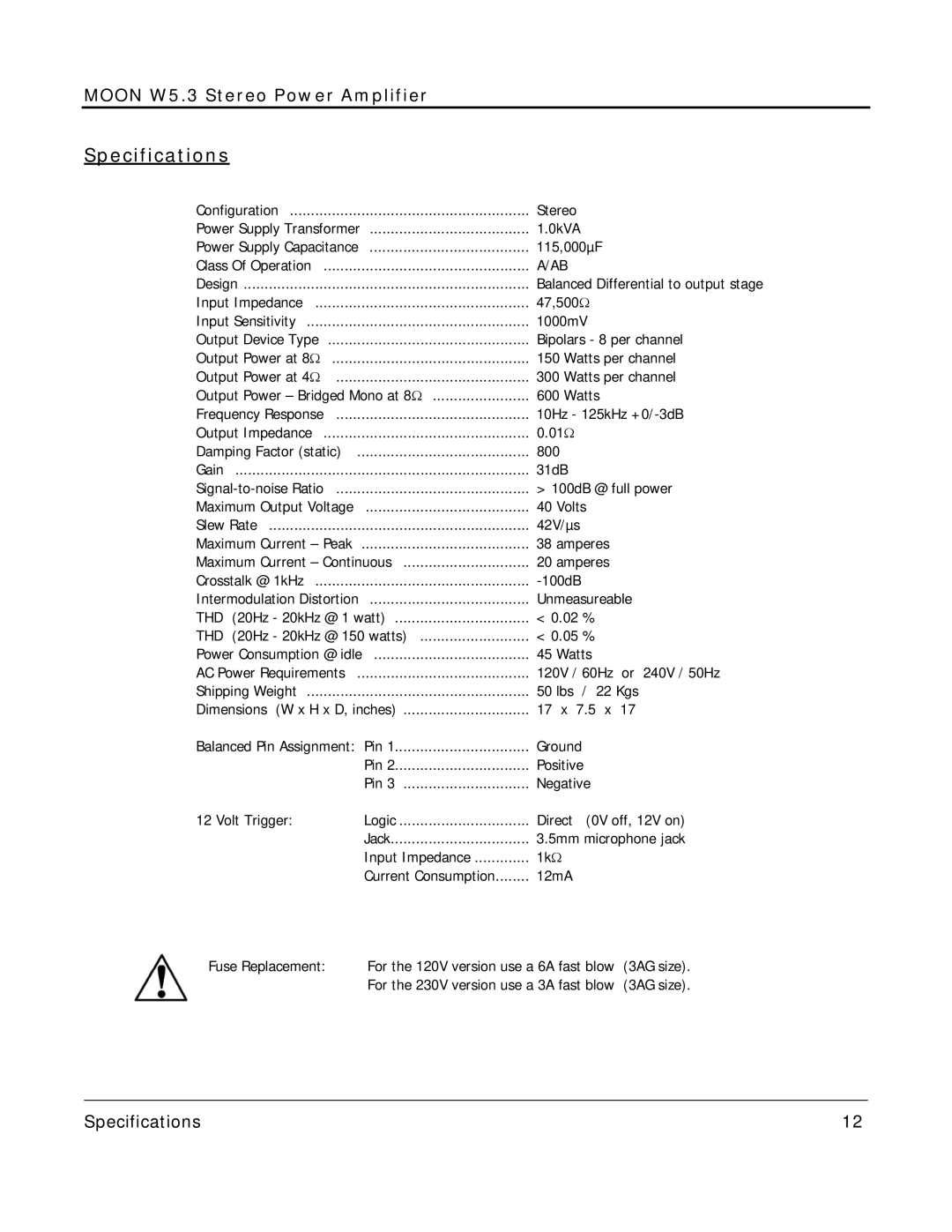 Simaudio W5.3 owner manual Specifications 