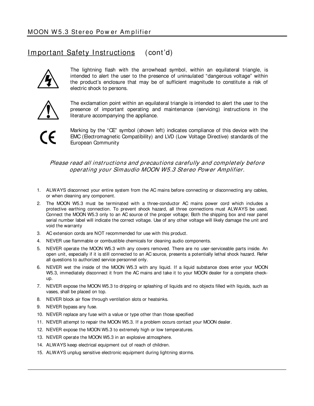 Simaudio W5.3 owner manual Important Safety Instructions cont’d 