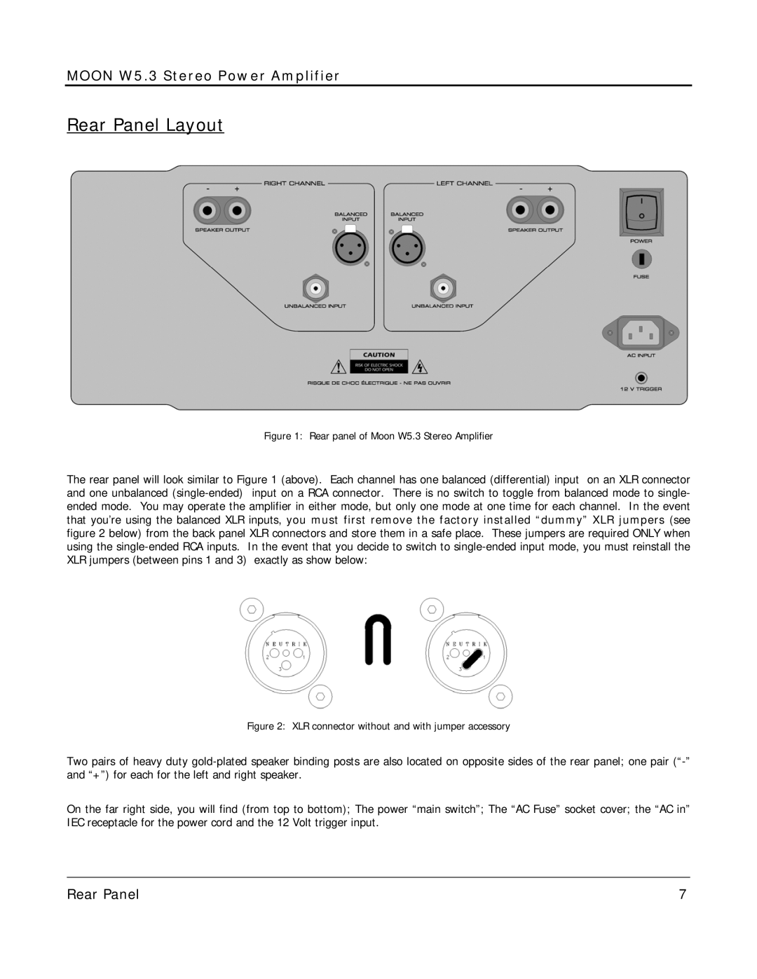 Simaudio owner manual Rear Panel Layout, Rear panel of Moon W5.3 Stereo Amplifier 