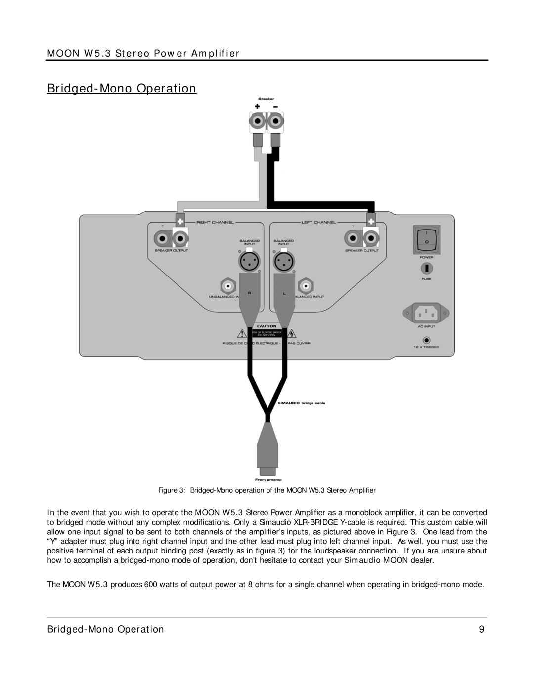 Simaudio W5.3 owner manual Bridged-Mono Operation 