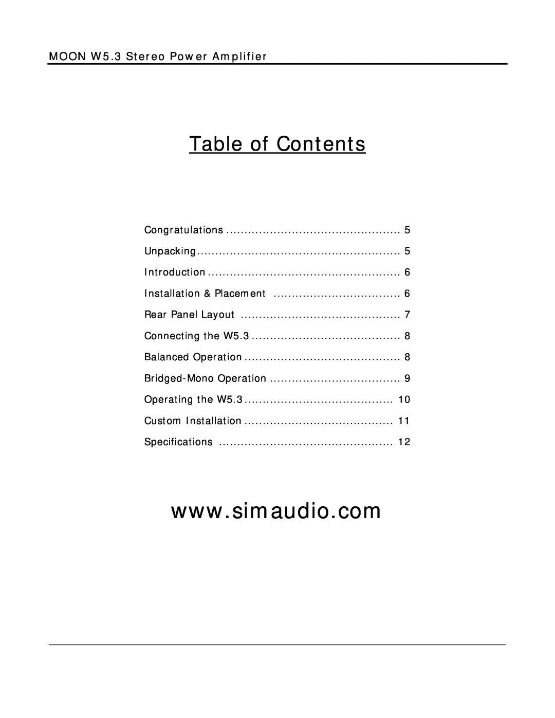 Simaudio owner manual Table of Contents, MOON W5.3 Stereo Power Amplifier 