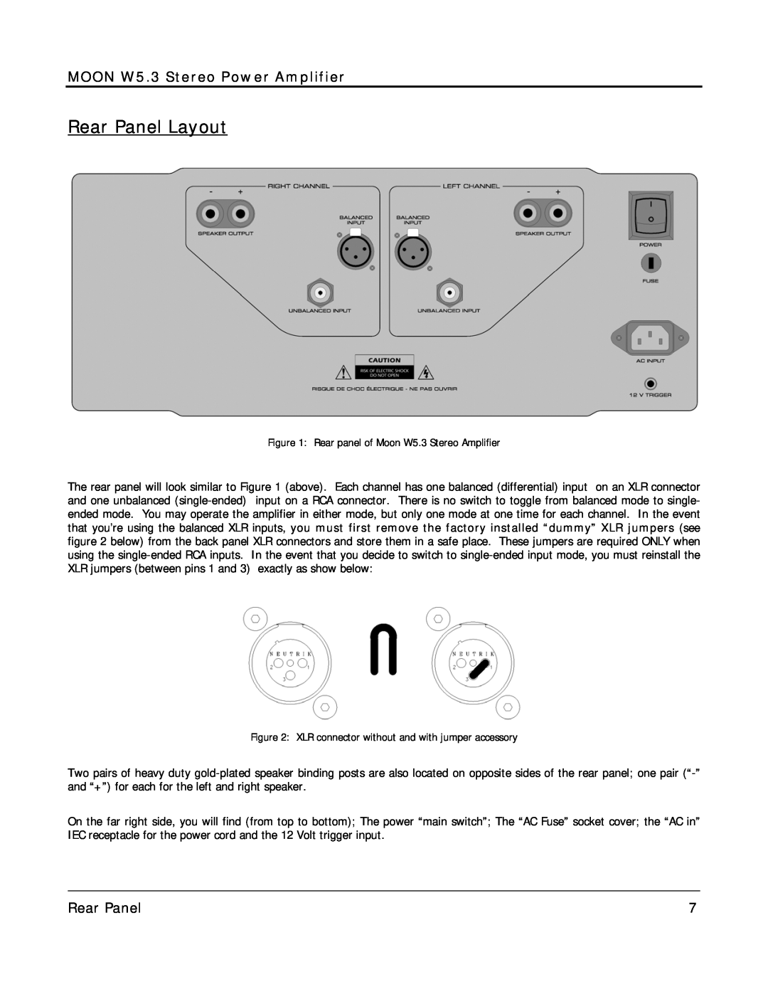 Simaudio owner manual Rear Panel Layout, MOON W5.3 Stereo Power Amplifier 