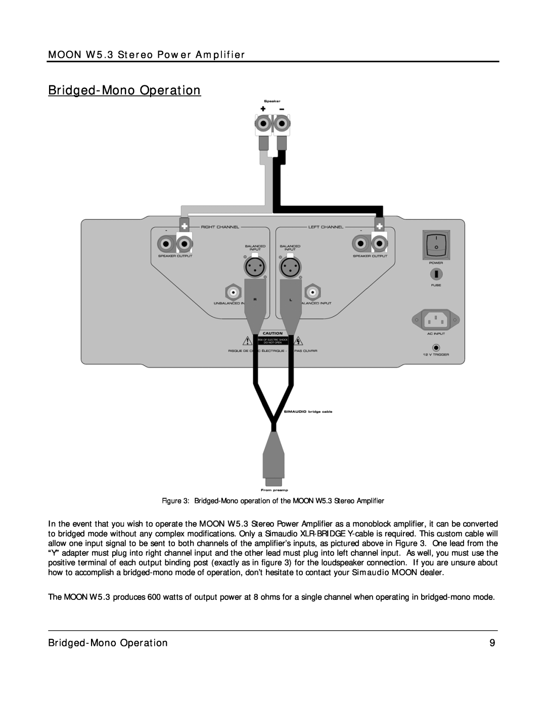 Simaudio owner manual Bridged-MonoOperation, MOON W5.3 Stereo Power Amplifier 