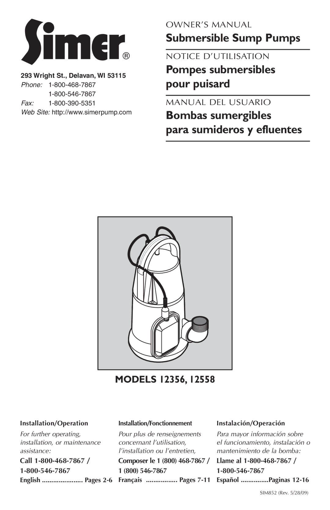 Simer Pumps 12558 owner manual Bombas sumergibles Para sumideros y efluentes, Models 12356 