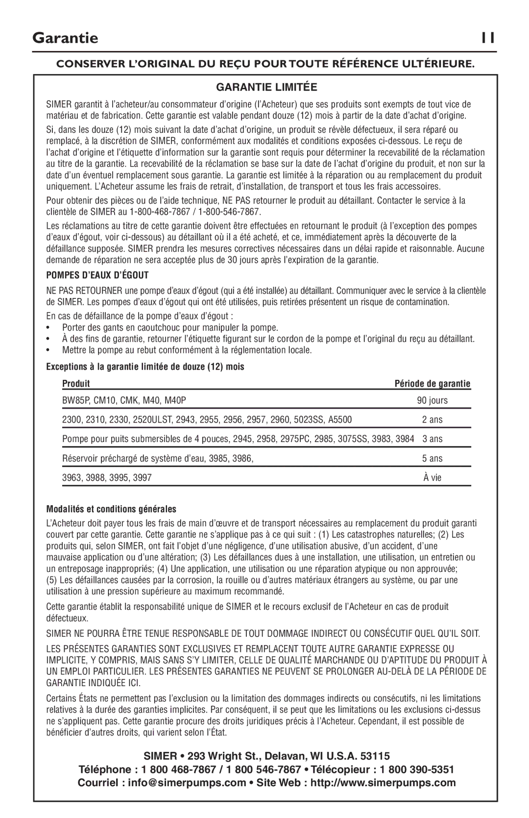 Simer Pumps 12356, 12558 owner manual Garantie, Pompes D’EAUX D’ÉGOUT 