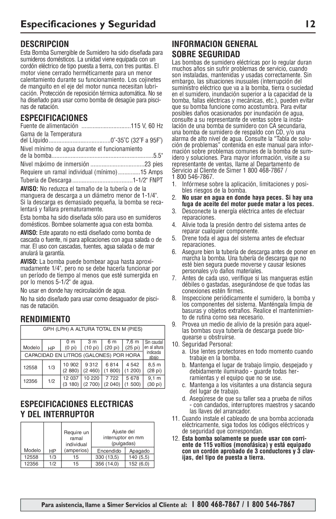 Simer Pumps 12558, 12356 Especificaciones y Seguridad, Descripcion, Rendimiento, Informacion General Sobre Seguridad 