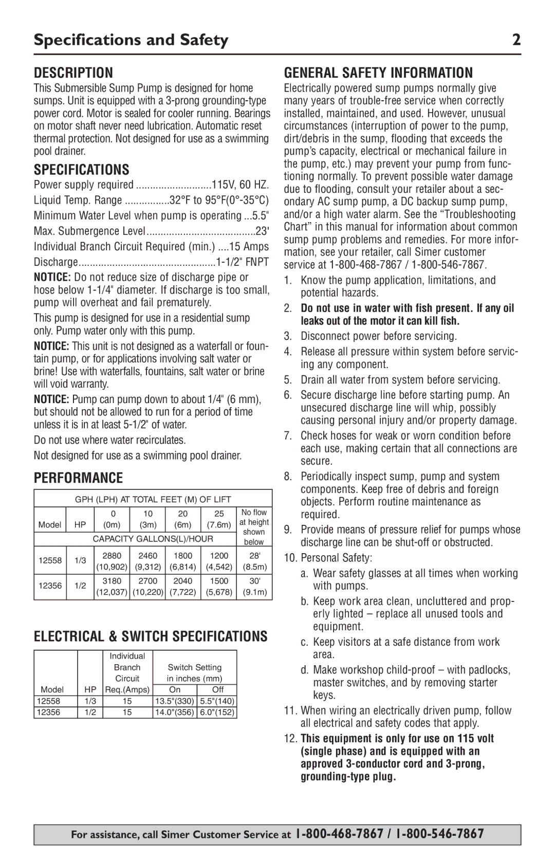 Simer Pumps 12558, 12356 owner manual Specifications and Safety, Description, Performance, General Safety Information 