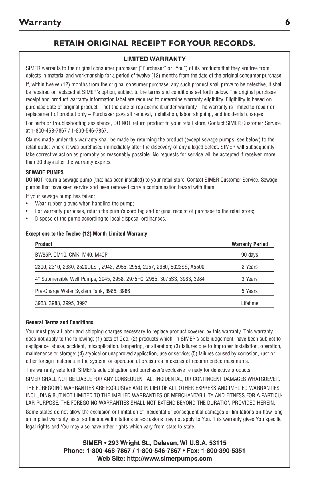 Simer Pumps 12558, 12356 owner manual Warranty, Retain Original Receipt for Your Records 