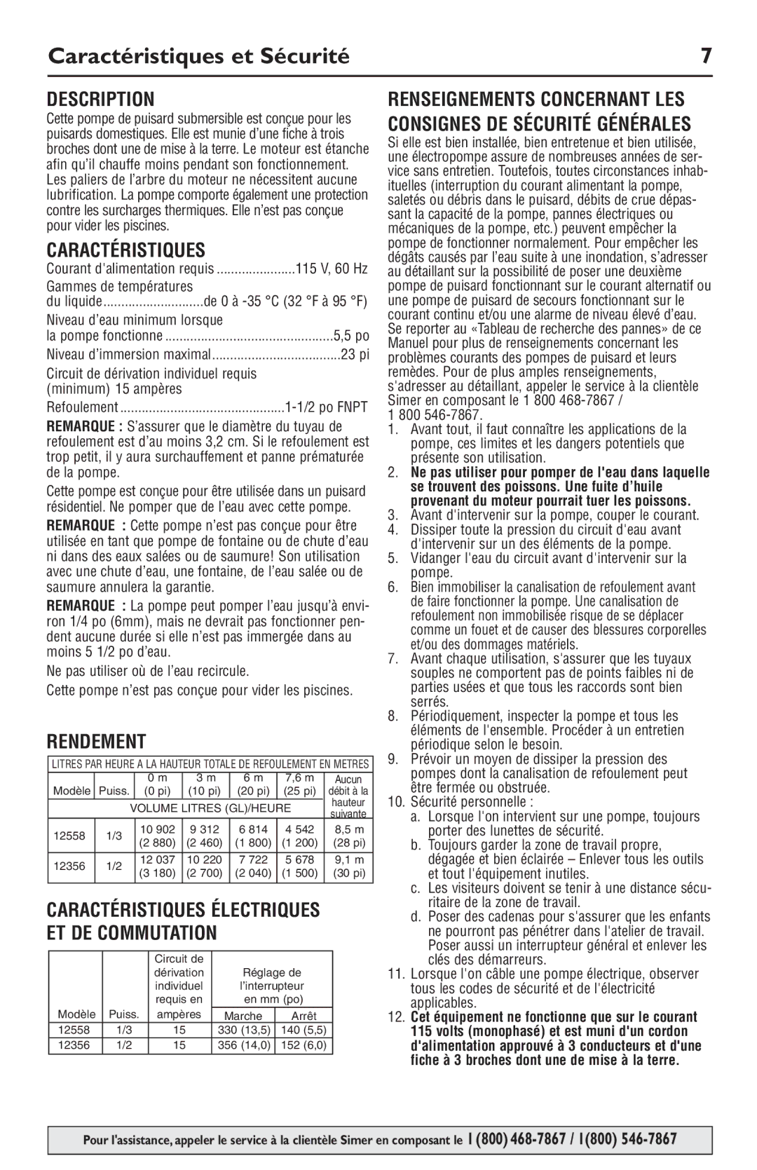 Simer Pumps 12356, 12558 owner manual Caractéristiques et Sécurité, Rendement 