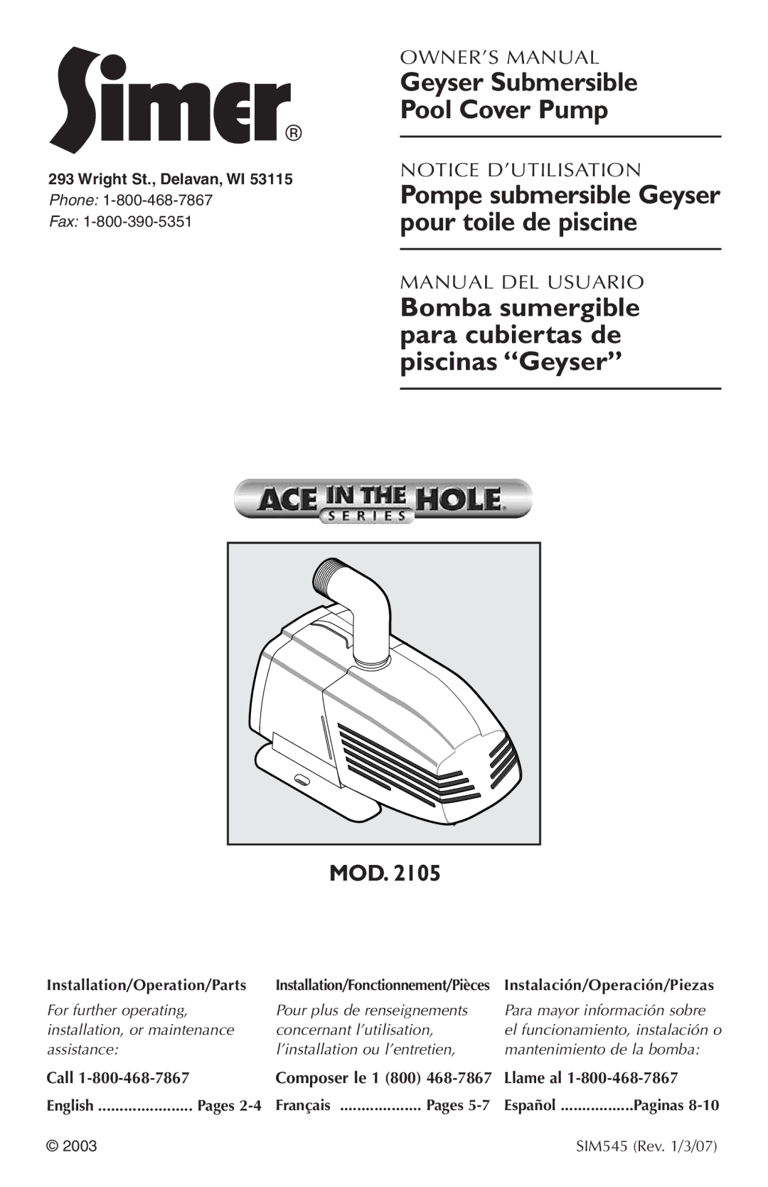 Simer Pumps 2105 owner manual Geyser Submersible Pool Cover Pump, Mod 