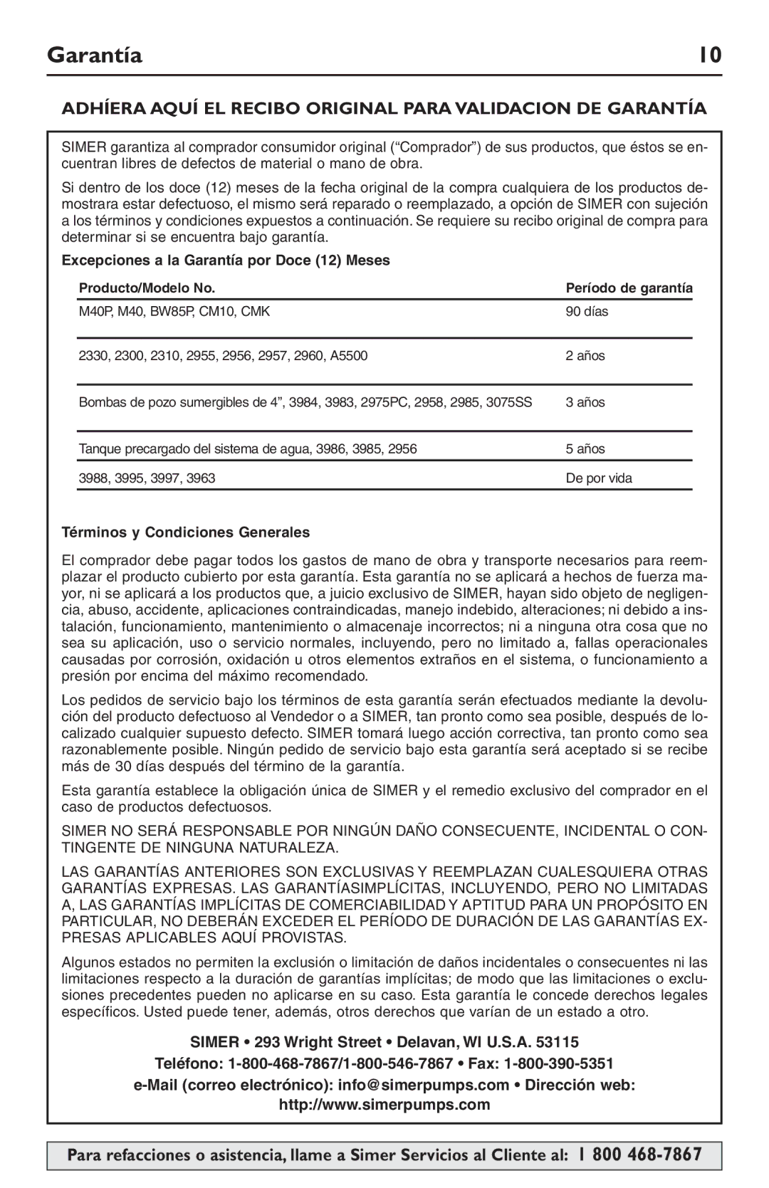 Simer Pumps 2105 owner manual Garantía, Producto/Modelo No 