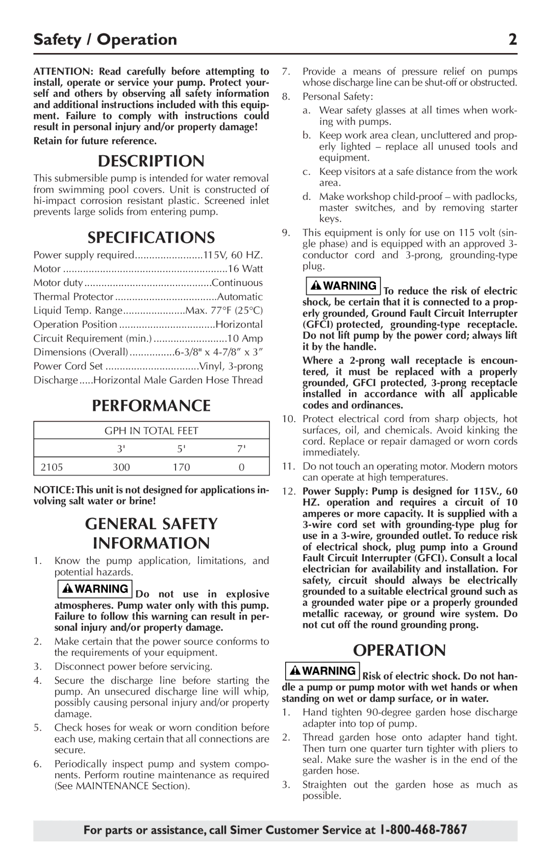 Simer Pumps 2105 owner manual Safety / Operation, Description, Specifications, General Safety Information 