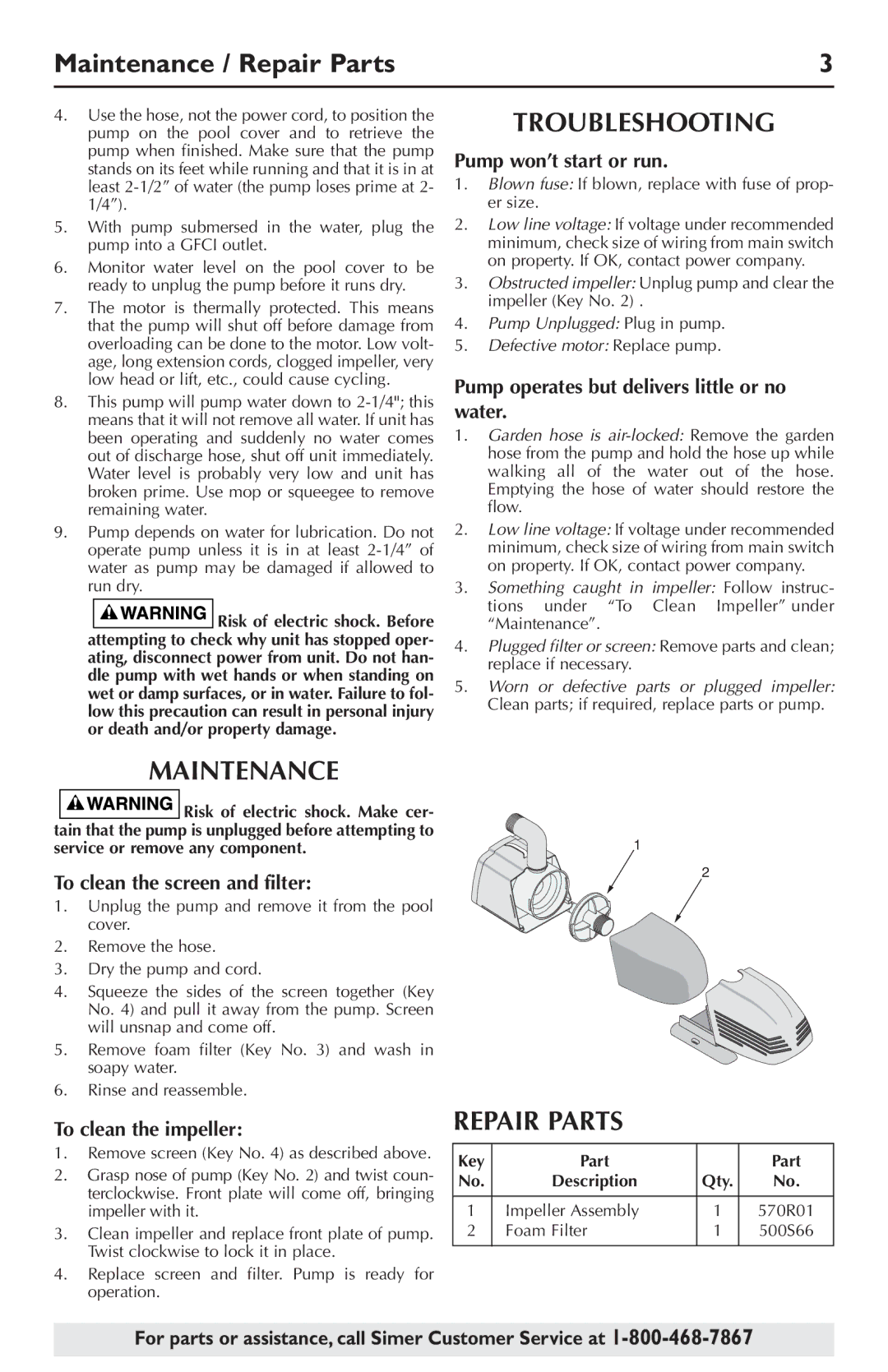 Simer Pumps 2105 owner manual Maintenance / Repair Parts, Troubleshooting, Remove screen Key No as described above 