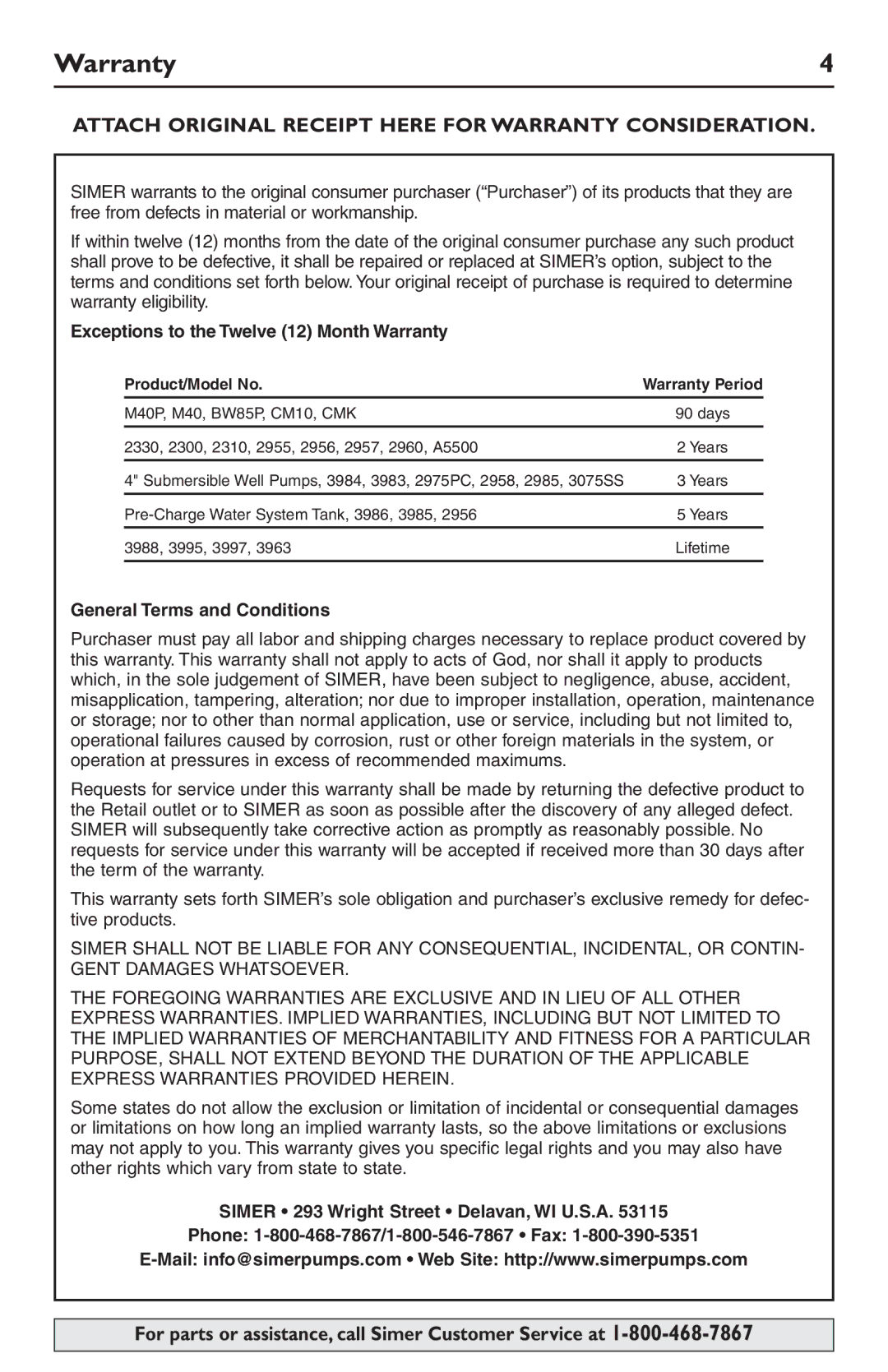 Simer Pumps 2105 owner manual Warranty, Product/Model No 